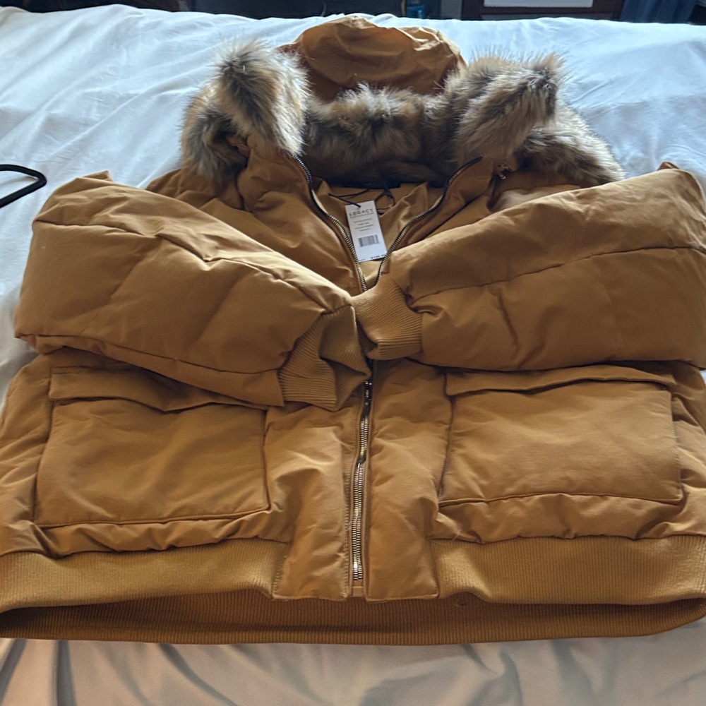 Jordan Craig Mustard Hooded Puffer Jacket with Faux Fur Trim